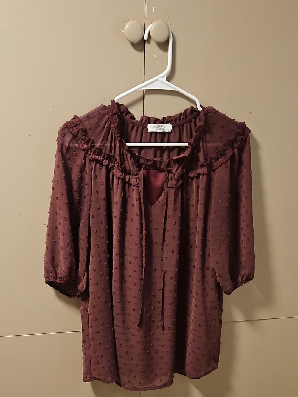 Mauve Swiss Dot Ruffle Peasant Blouse